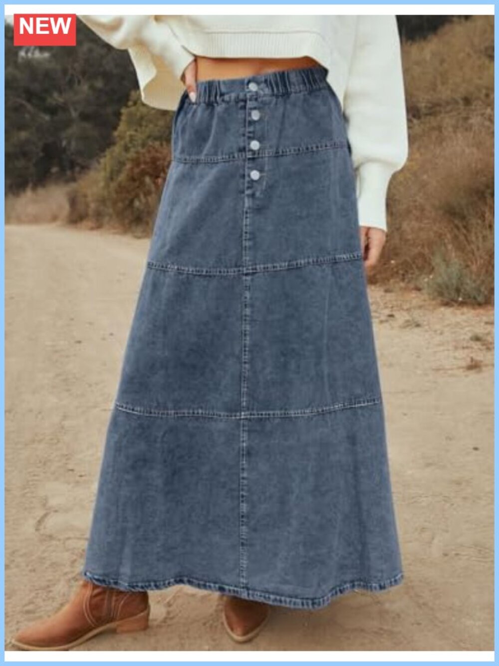 Women's High Waist Denim Maxi Skirt A-Line Tiered Patchwork Western - Picture 5 of 6